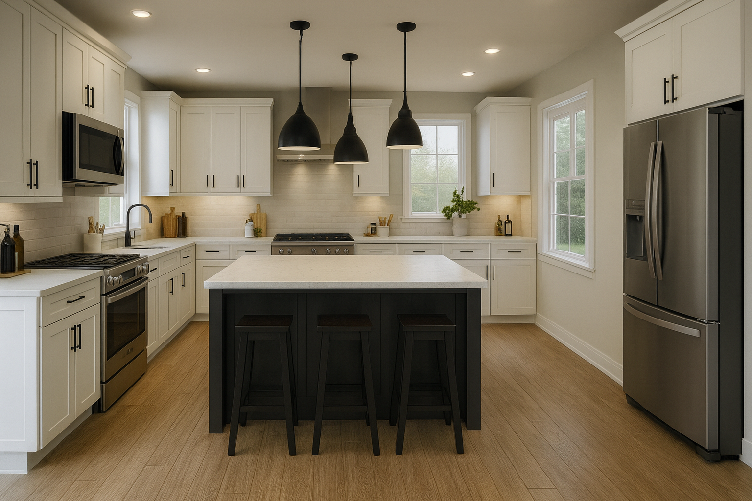 Modern kitchen with large island and pendant lighting