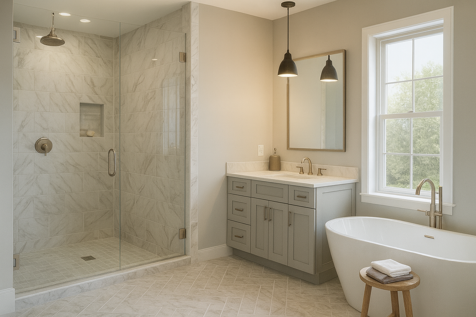 Soft neutral living space with built-in cabinetry